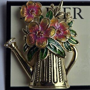 NAPIER Flowers in Water Pitcher Gardener Gold Enamel & Crystals Brooch Pin**NEW!